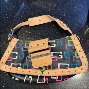 Guess Black and Tan Shoulder Bag with Multicolor Logo- Early 2000’s